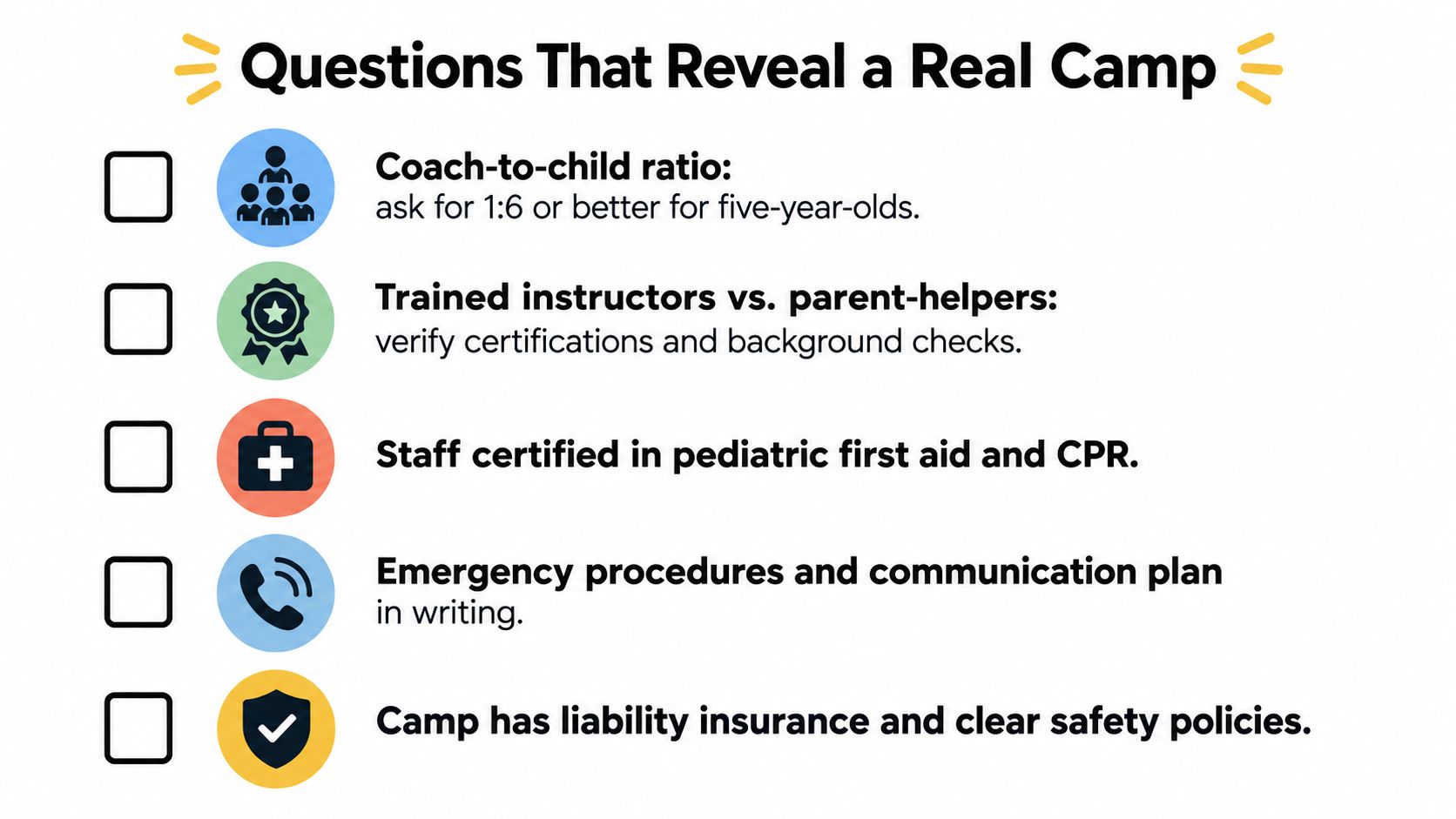 A checklist of important safety questions to ask when choosing a summer camp for children.