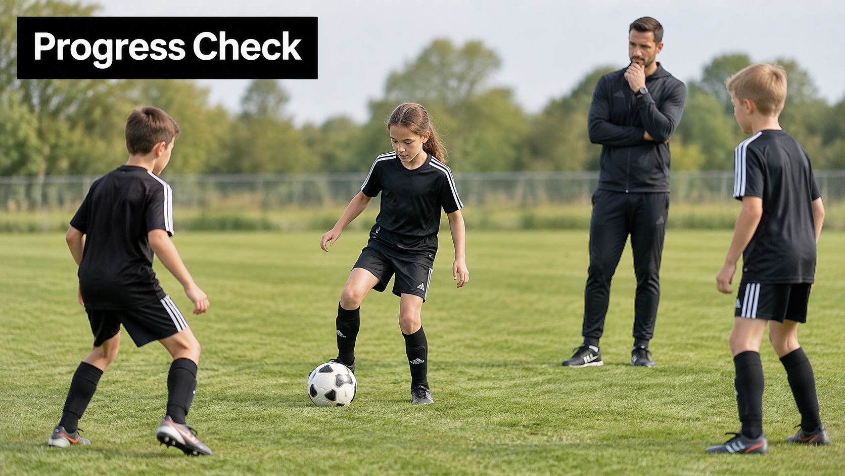 A soccer coach observes two young children practicing their footwork with a soccer ball on a field.