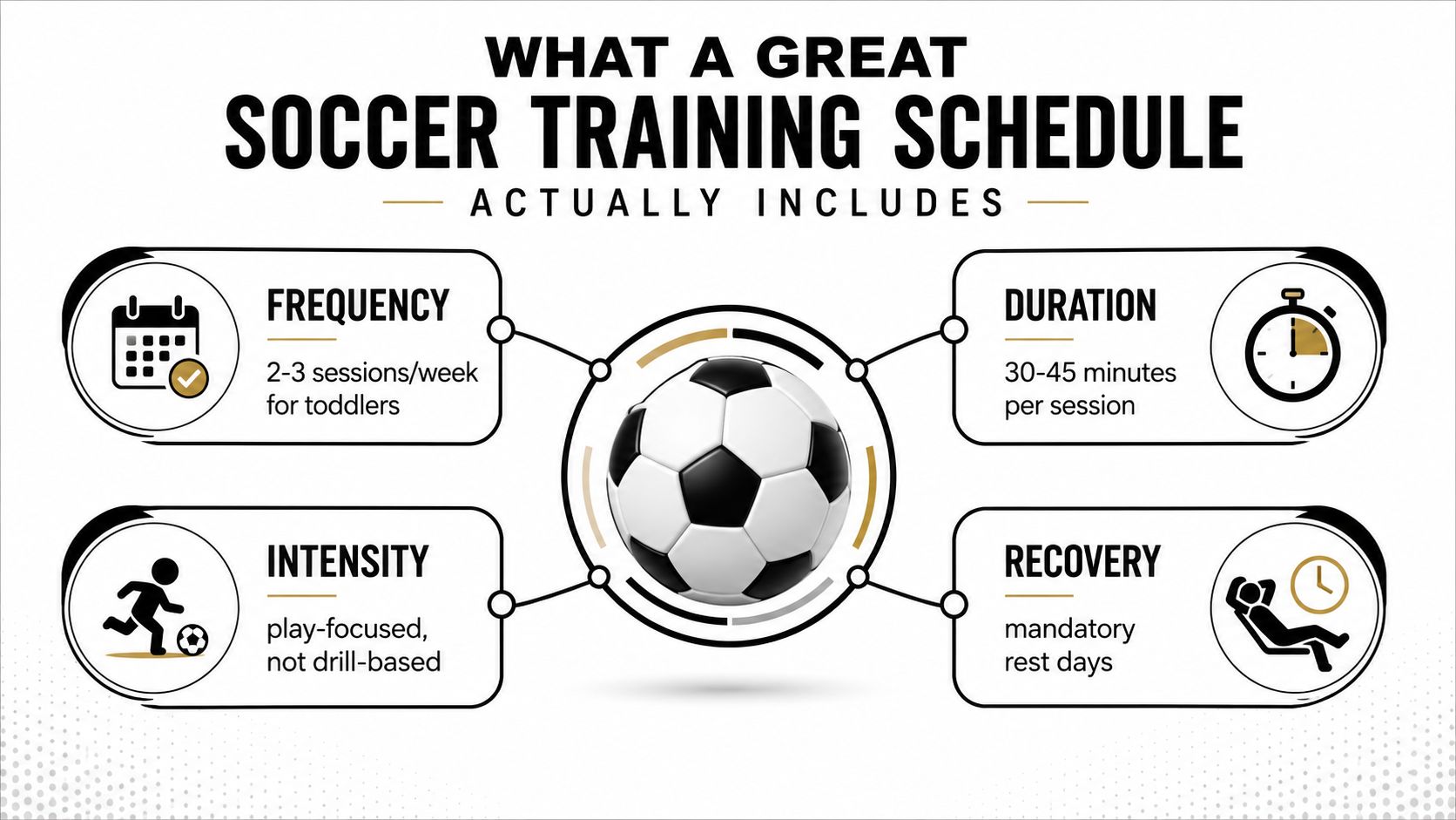 An infographic detailing the optimal soccer training schedule for toddlers, including frequency, duration, intensity, and recovery tips.