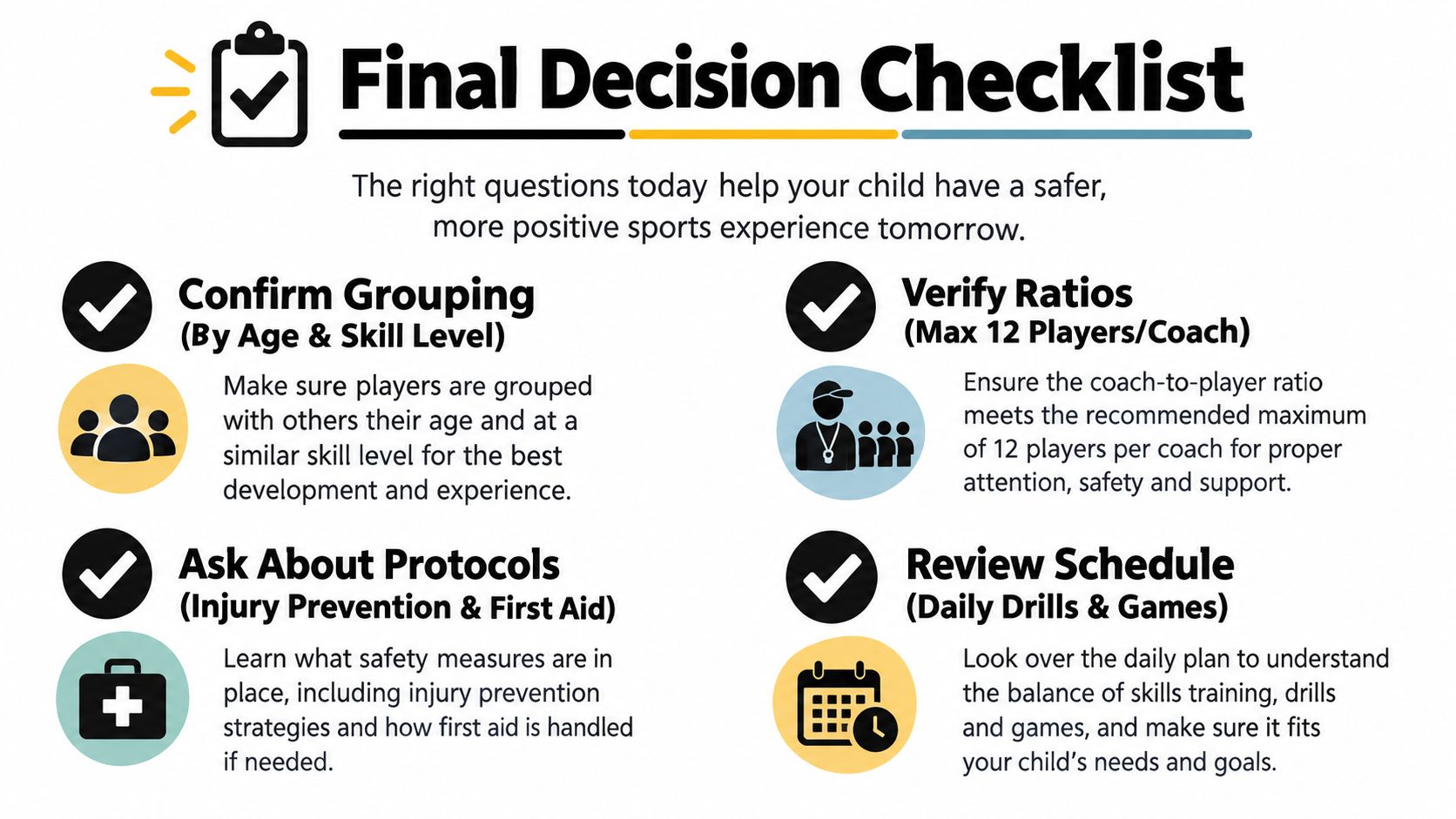 A checklist infographic titled Final Decision Checklist offering safety and developmental advice for youth sports programs.