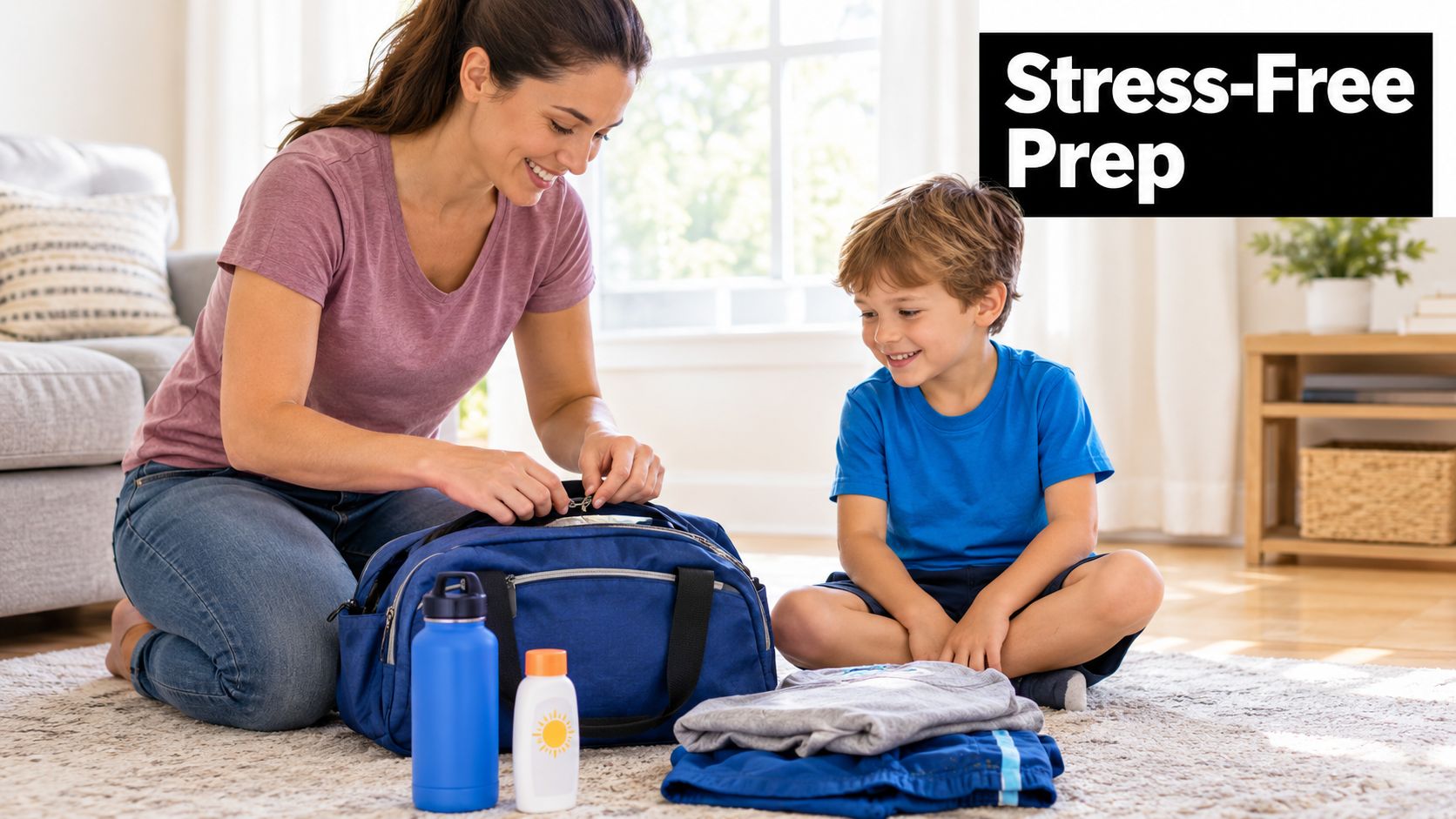 A smiling mother packing a blue gym bag with her young son for a sports activity.