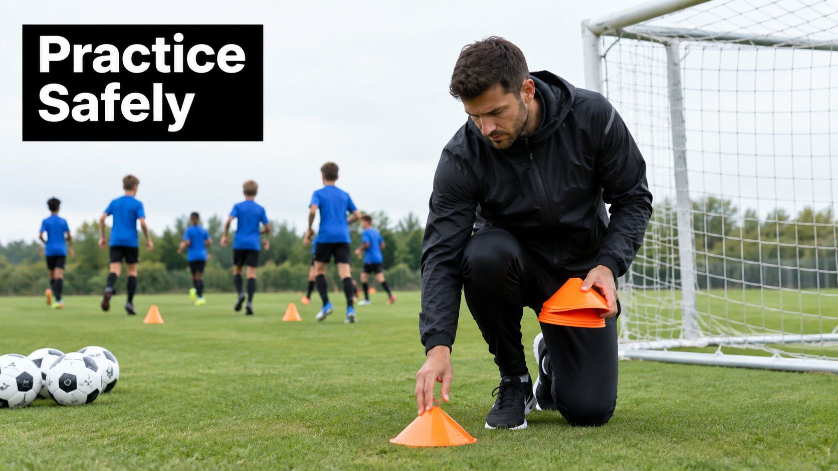 A soccer coach kneeling on the field, setting up orange training cones while children practice in background.