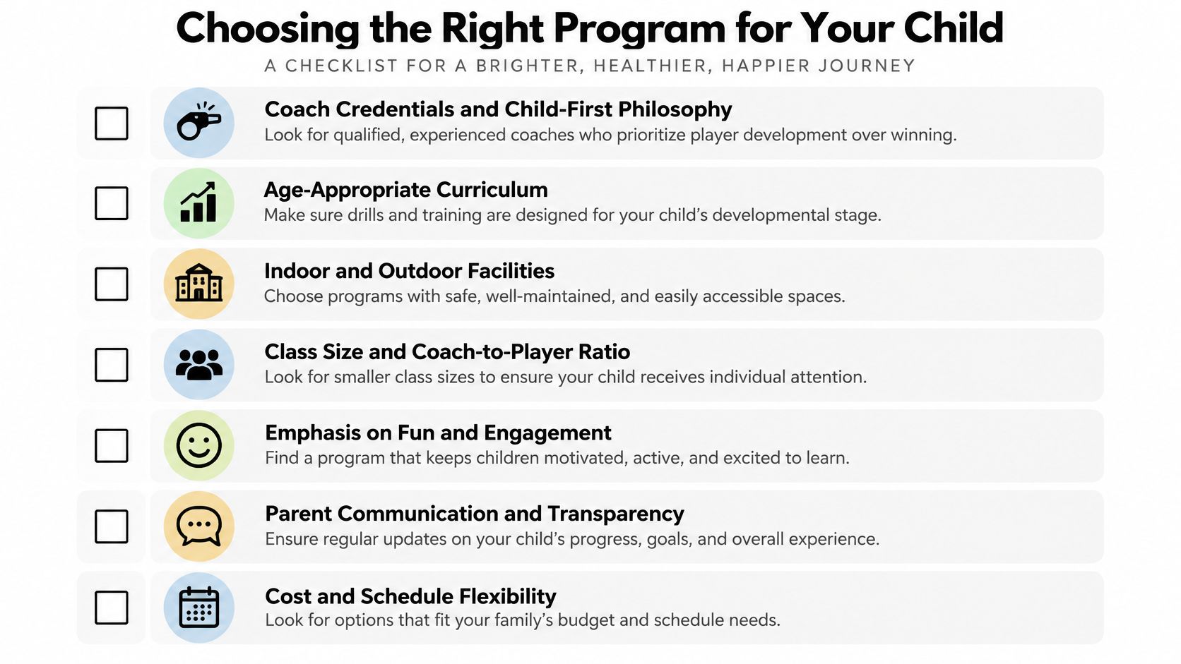 A checklist titled Choosing the Right Program for Your Child, outlining seven key factors for youth programs.