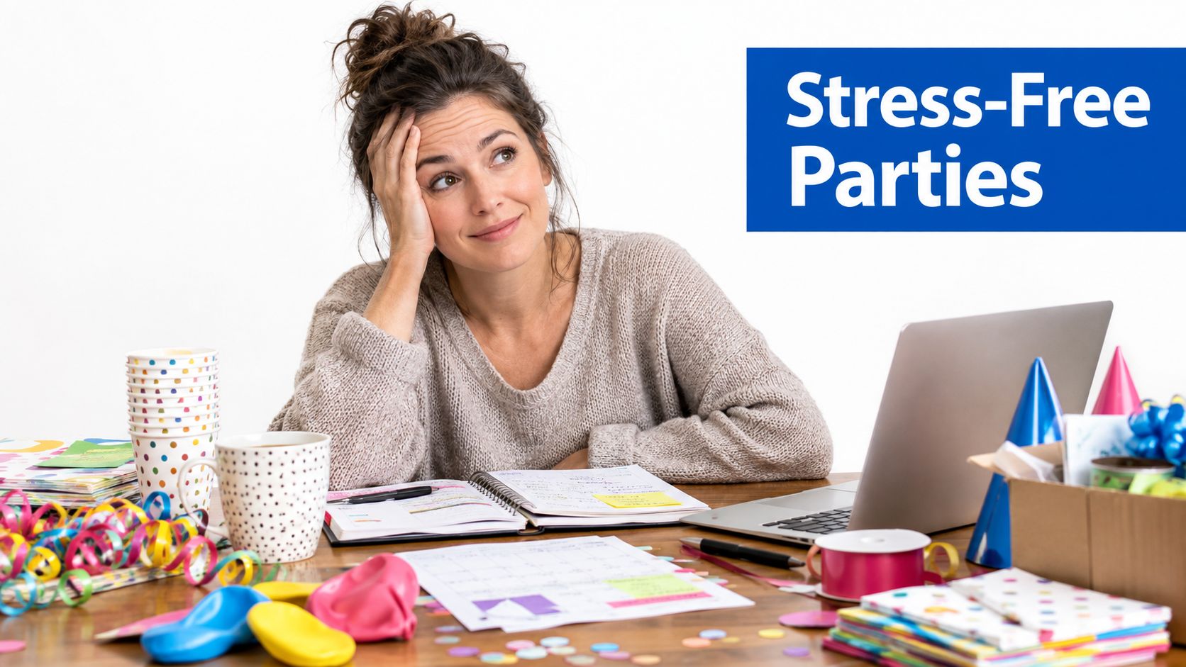 A woman planning a celebration while sitting at a cluttered table with party supplies and a laptop.