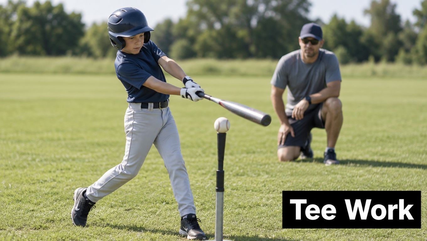 A young baseball player practices hitting a ball off a tee with his coach watching nearby.