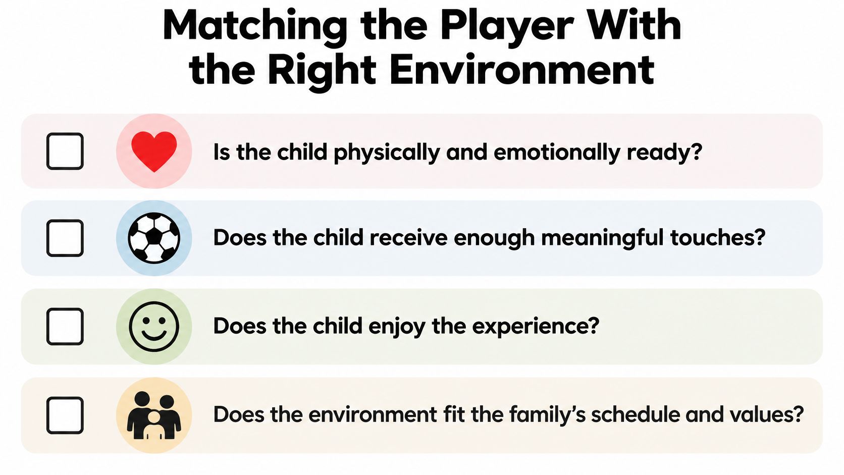 A checklist for parents assessing if a youth sports environment is right for their child's needs.