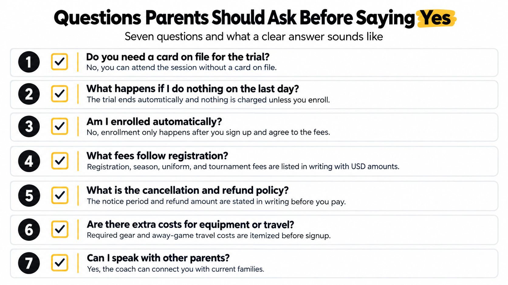 A checklist of seven essential questions parents should ask before agreeing to a child's activity trial.