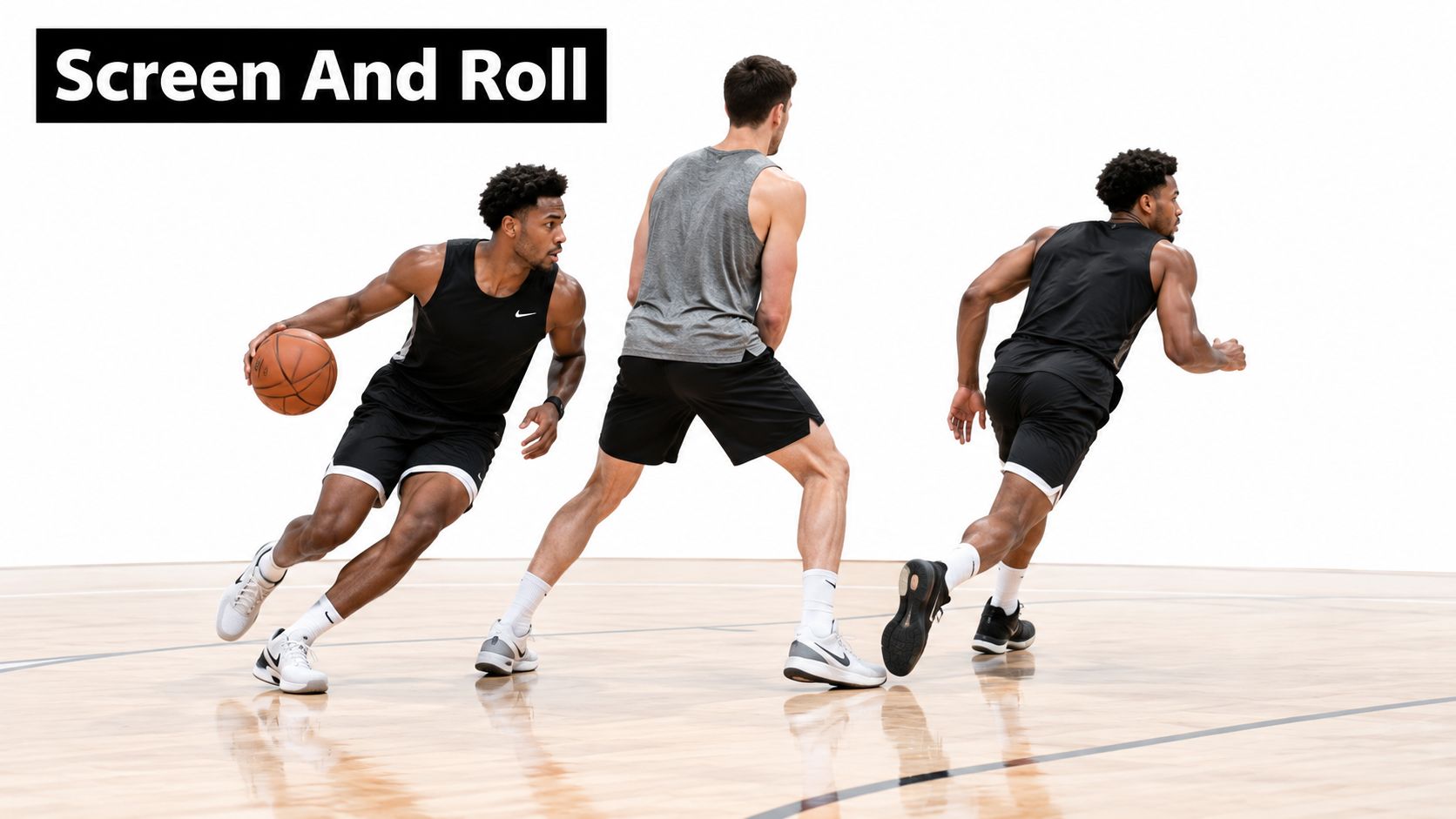 A professional basketball player demonstrates a screen and roll play on a wooden court floor.