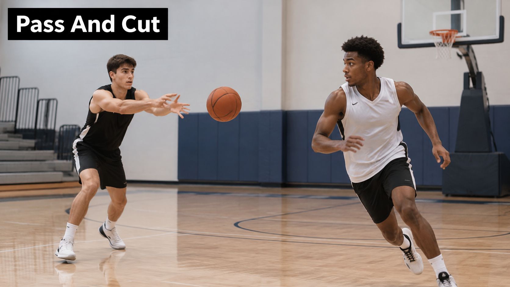 A basketball player passes the ball to a teammate who is running towards the basket on a court.