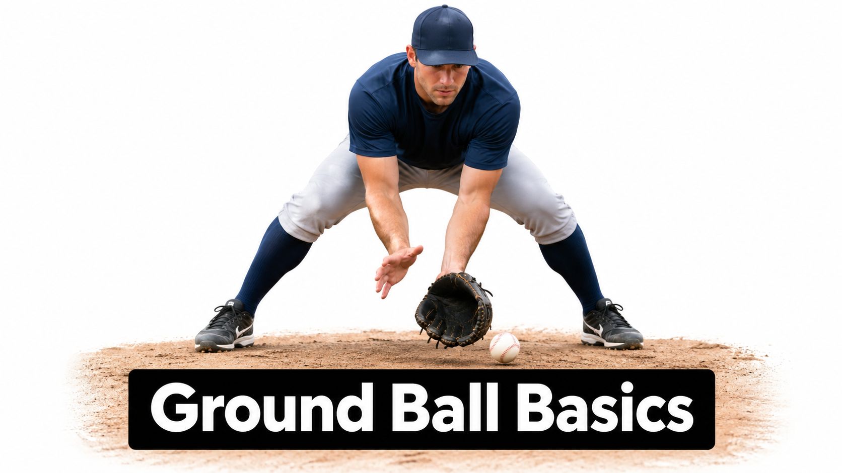A baseball player demonstrating the proper technique for fielding a ground ball on a dirt field.