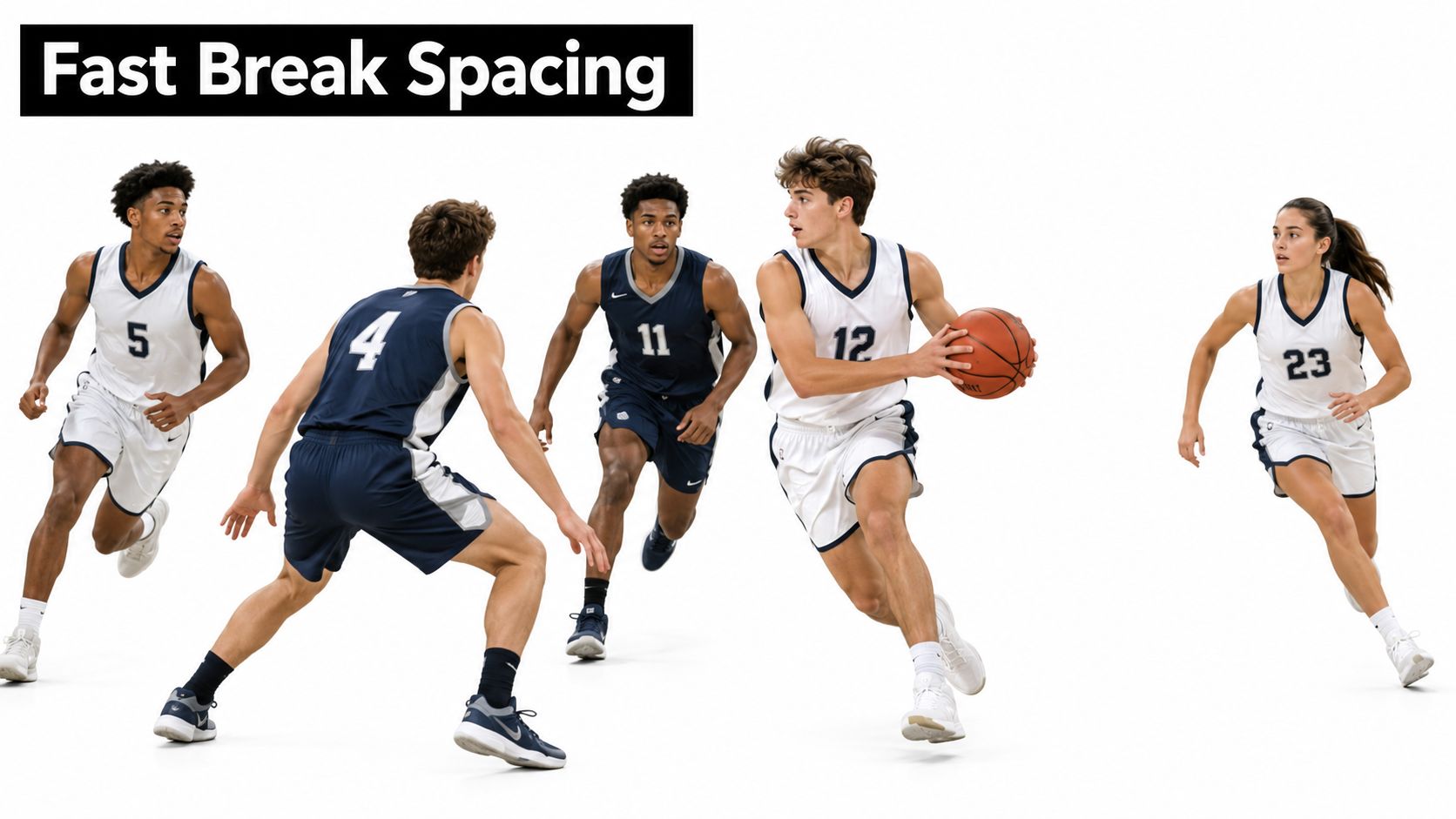 Several basketball players wearing uniforms in action, demonstrating fast break spacing on a white background.