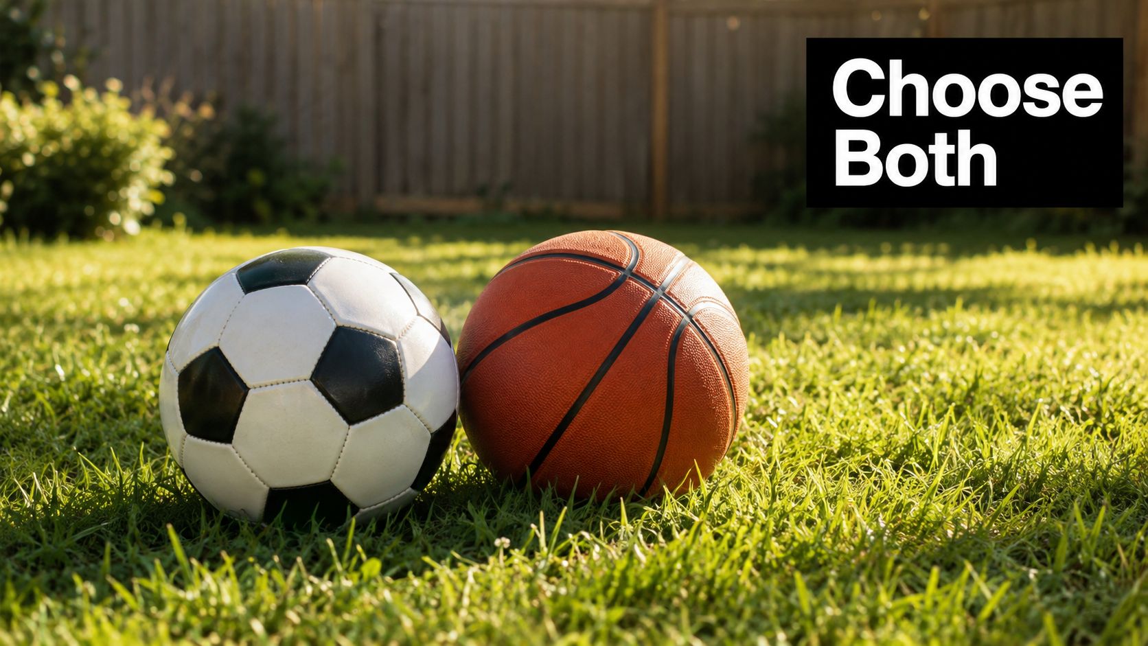 A soccer ball and a basketball sitting side by side on a green grassy lawn outdoors.