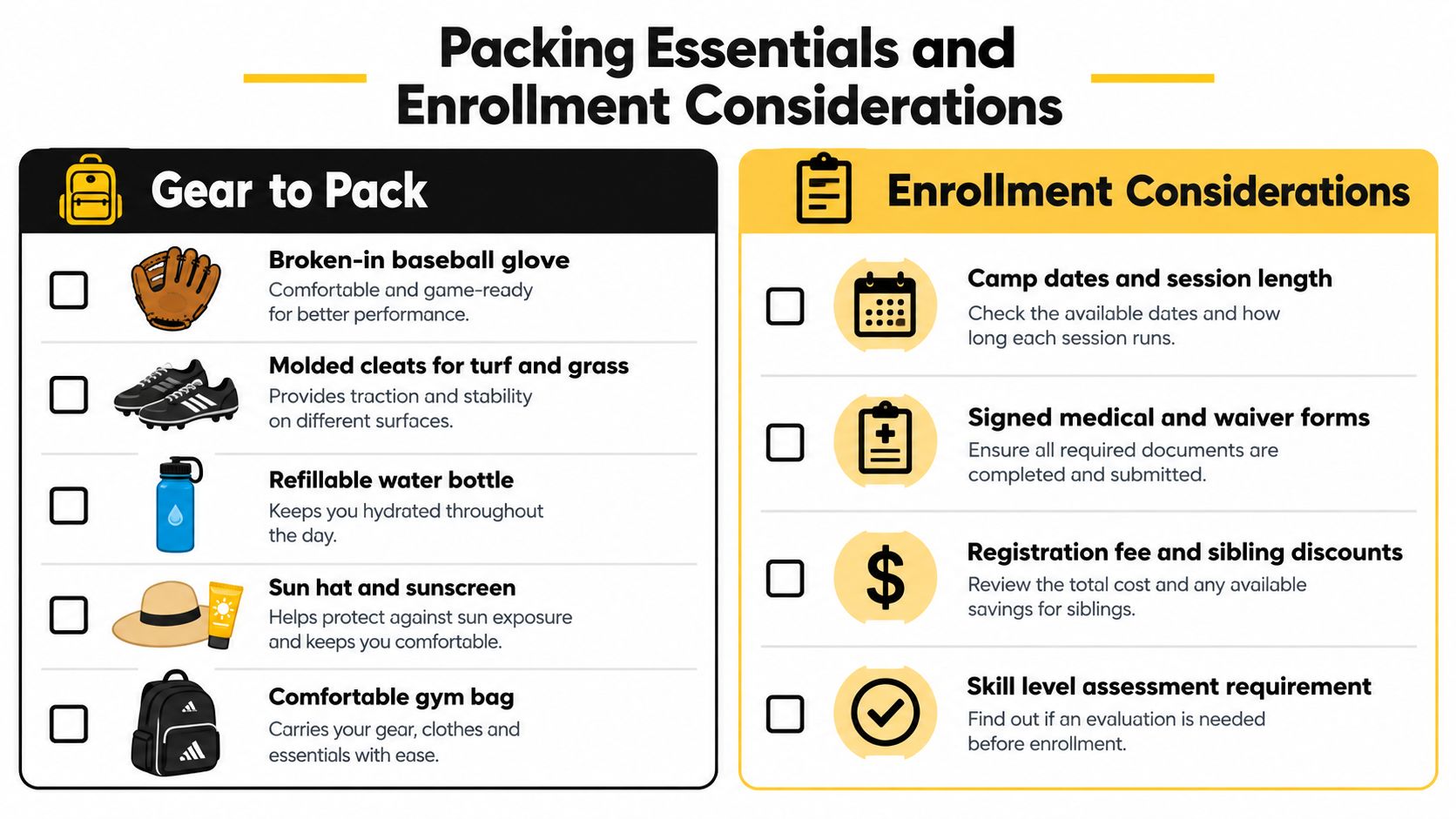 A checklist infographic titled Packing Essentials and Enrollment Considerations for youth baseball camp attendees and parents.