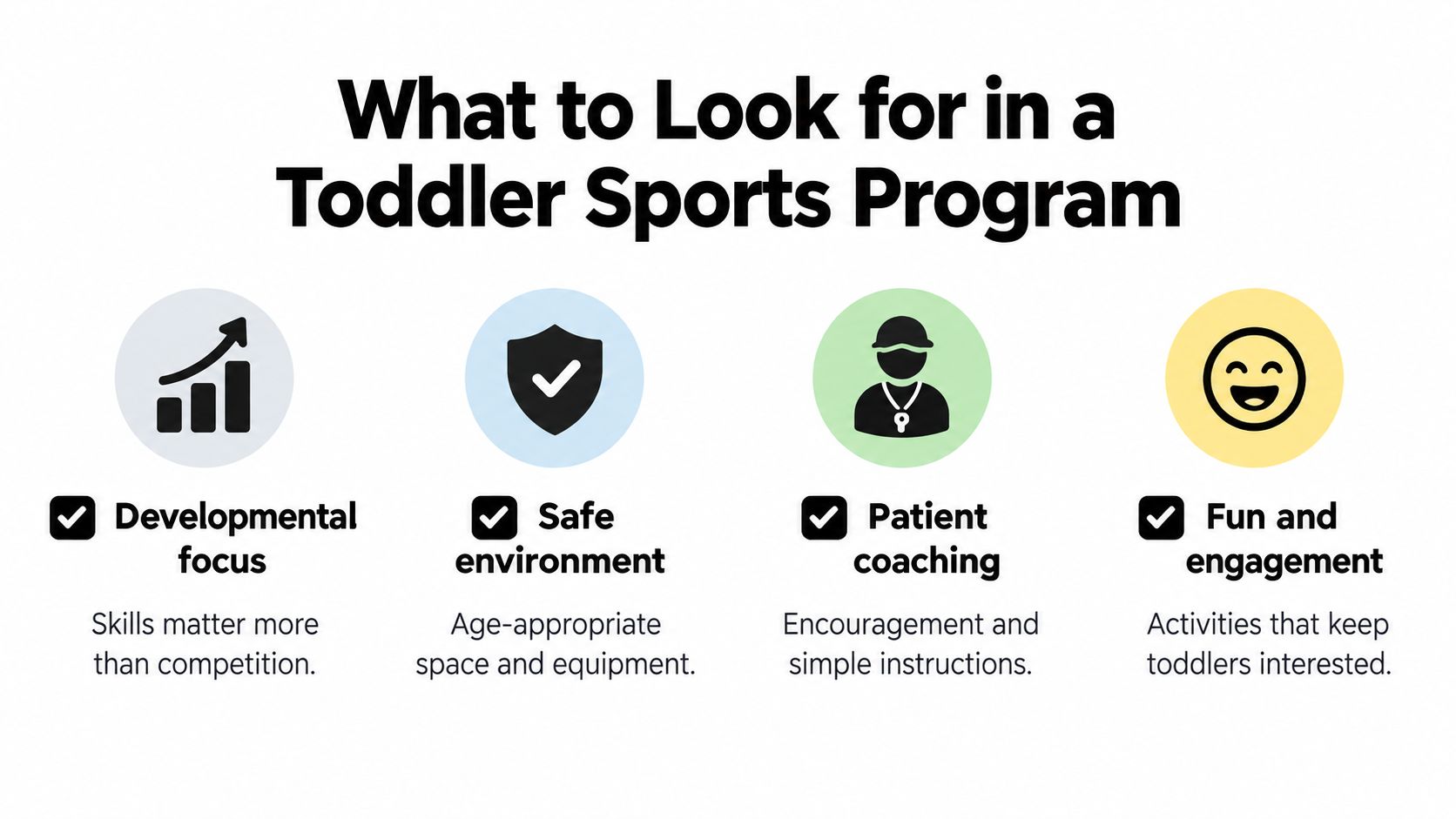 An infographic detailing four essential qualities to look for when choosing a toddler sports program.