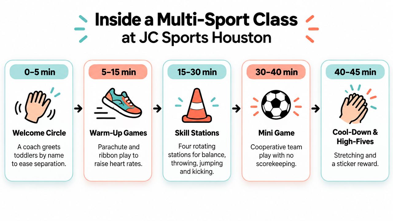 A timeline chart titled Inside a Multi-Sport Class at JC Sports Houston showing a 45-minute activity schedule.