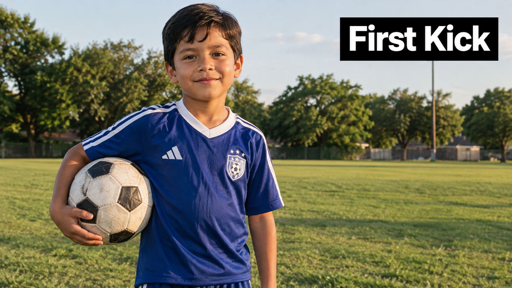 A young boy smiling while holding a soccer ball on a grassy sports field at sunset.