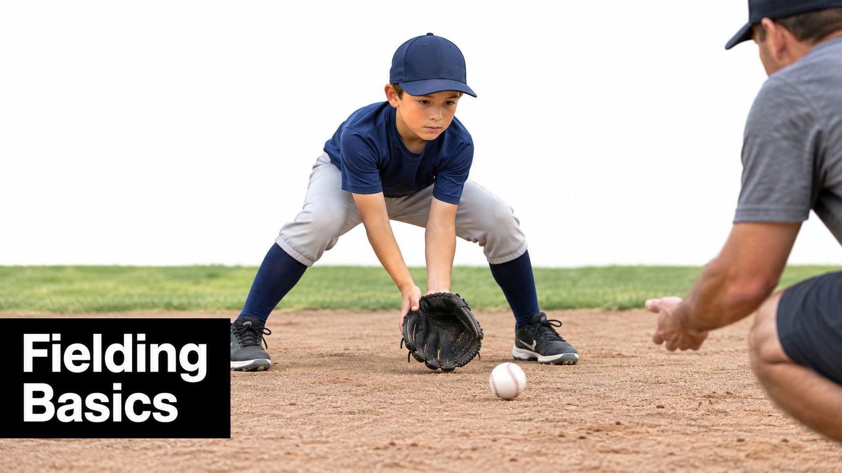 A young baseball player practicing ground ball fielding techniques with a coach on a dirt field.