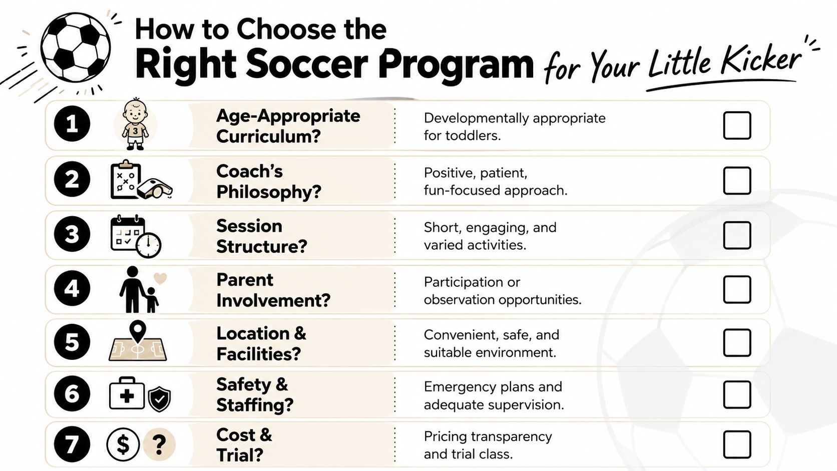 A checklist infographic titled How to Choose the Right Soccer Program for Your Little Kicker.