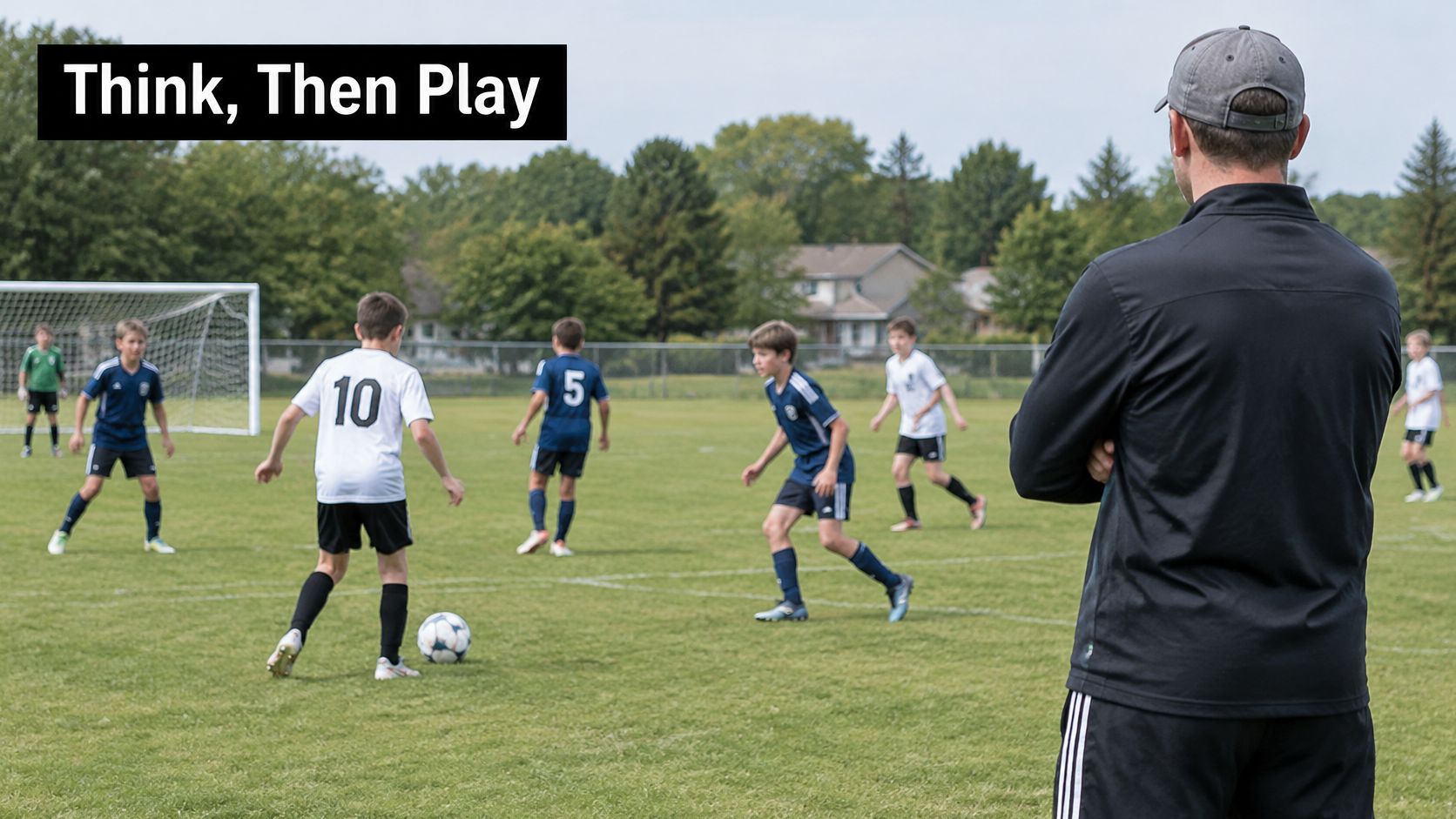 A soccer coach watching a group of young players practice on a green field.
