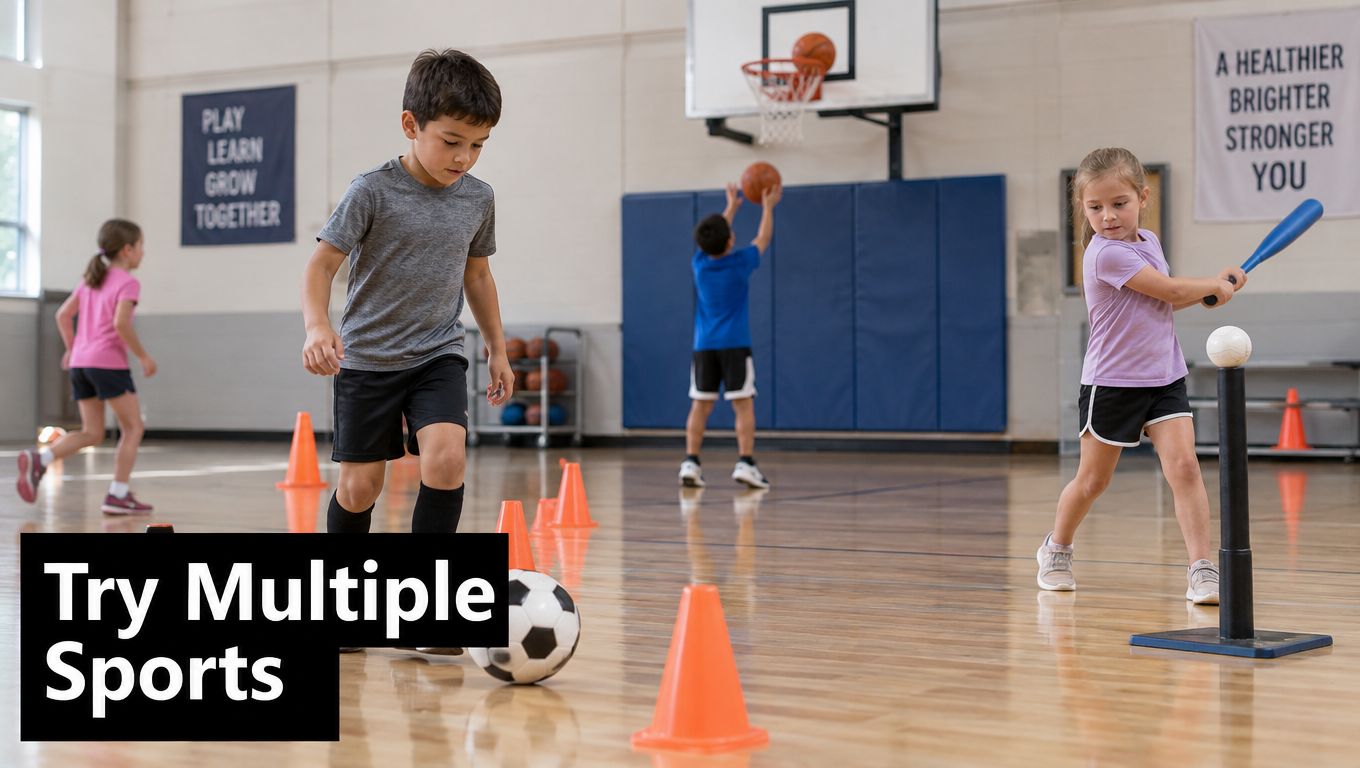 A group of children playing various sports activities including soccer, basketball, and tee-ball in a gymnasium.