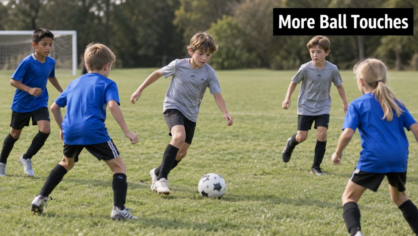 A group of young soccer players practicing ball control and dribbling drills on a grassy field.