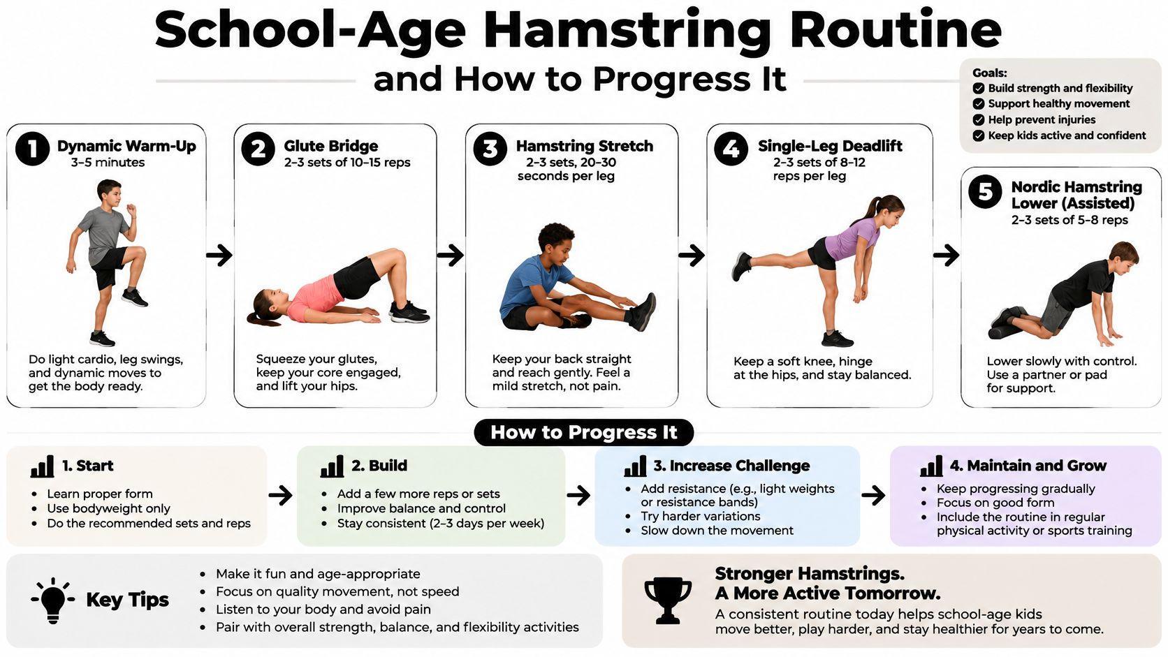 An infographic showing a five-step school-age hamstring strengthening and flexibility exercise routine for children.