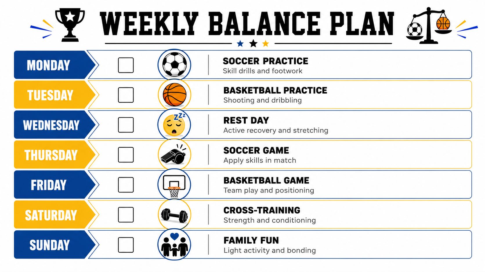 A weekly balance plan schedule featuring soccer and basketball activities, rest days, and family time.