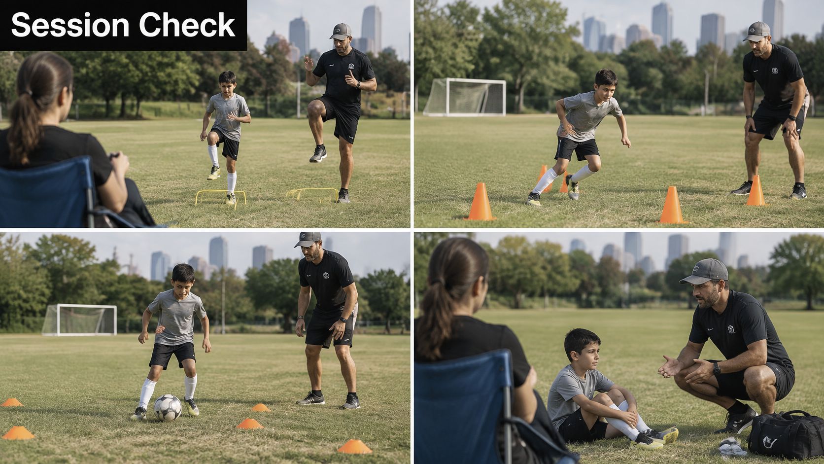 A professional private soccer coach in Houston training a young boy on a sunny field.