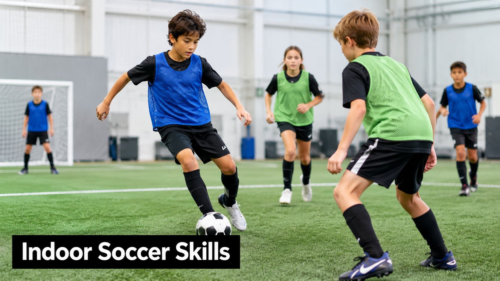 A group of young soccer players practicing their skills on an indoor turf field in a training facility.