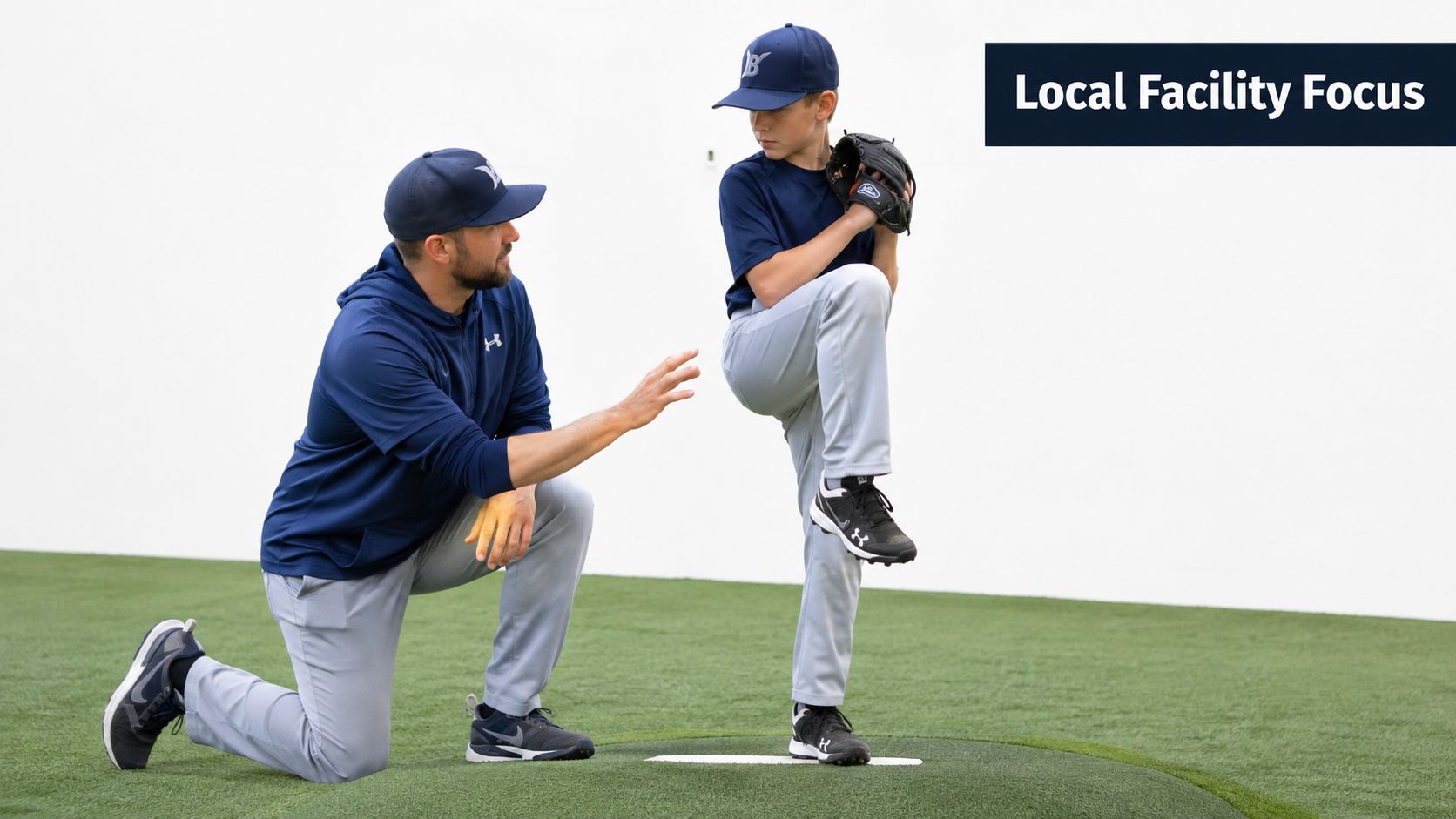 A baseball coach kneeling and instructing a young pitcher on a practice mound indoors.