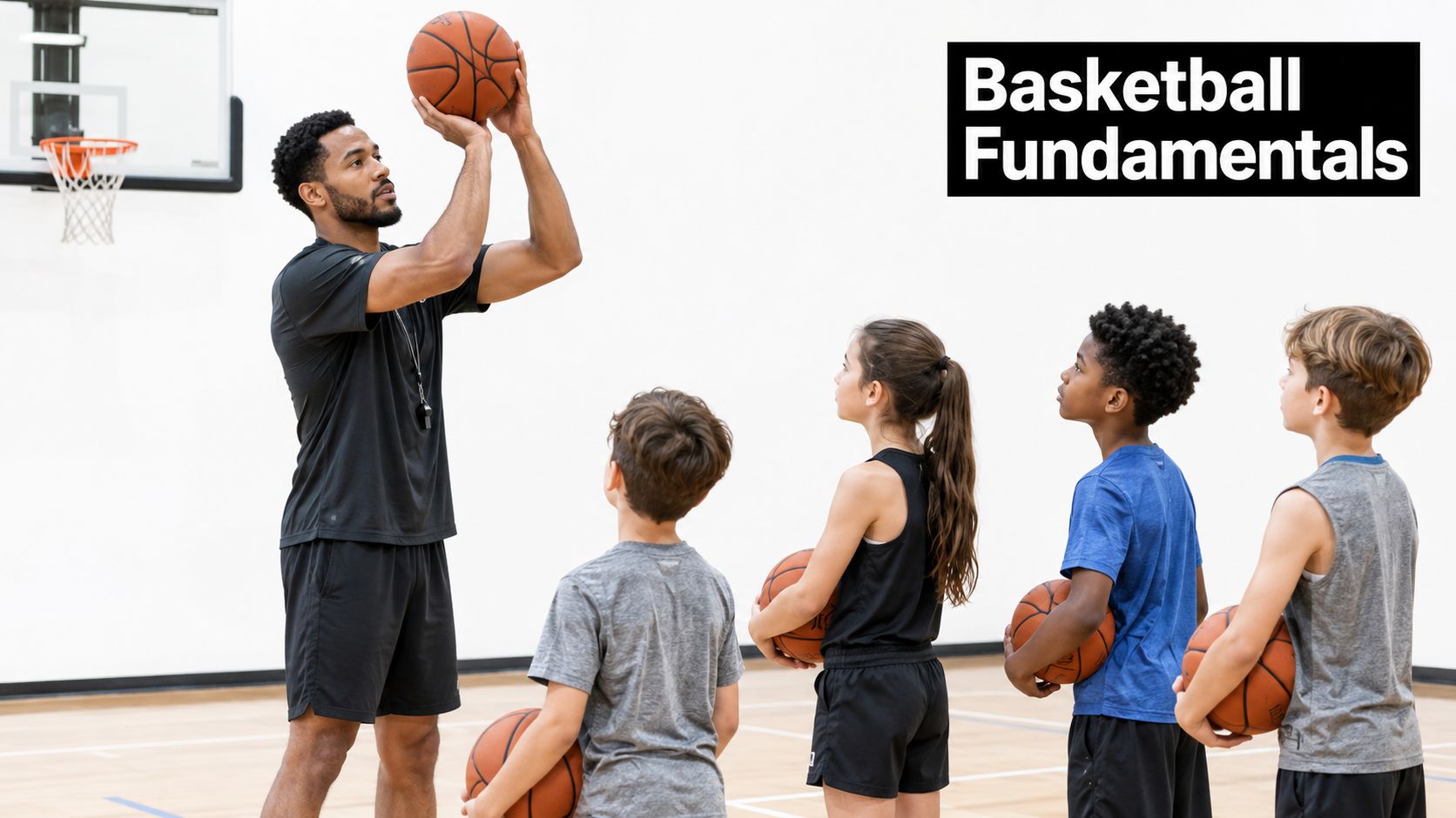 A basketball coach demonstrates proper shooting form to a group of children in an indoor gym.
