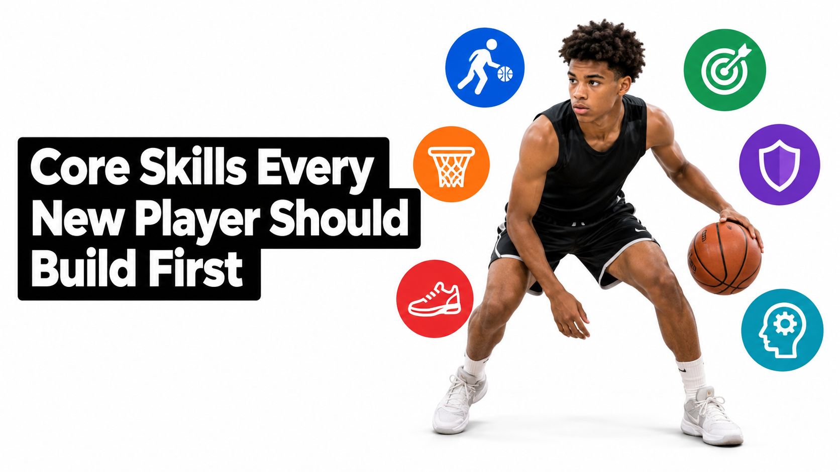 A young basketball player in athletic gear dribbling a ball surrounded by various skill development icons.