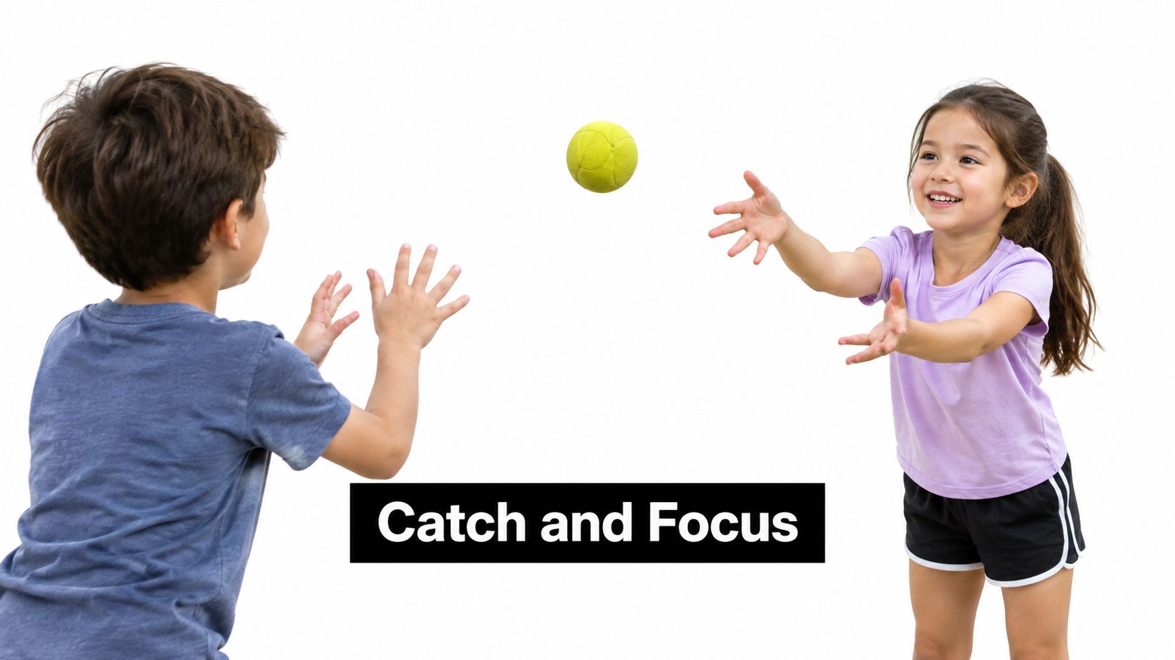 A young boy and girl playing catch with a yellow ball against a plain white background.