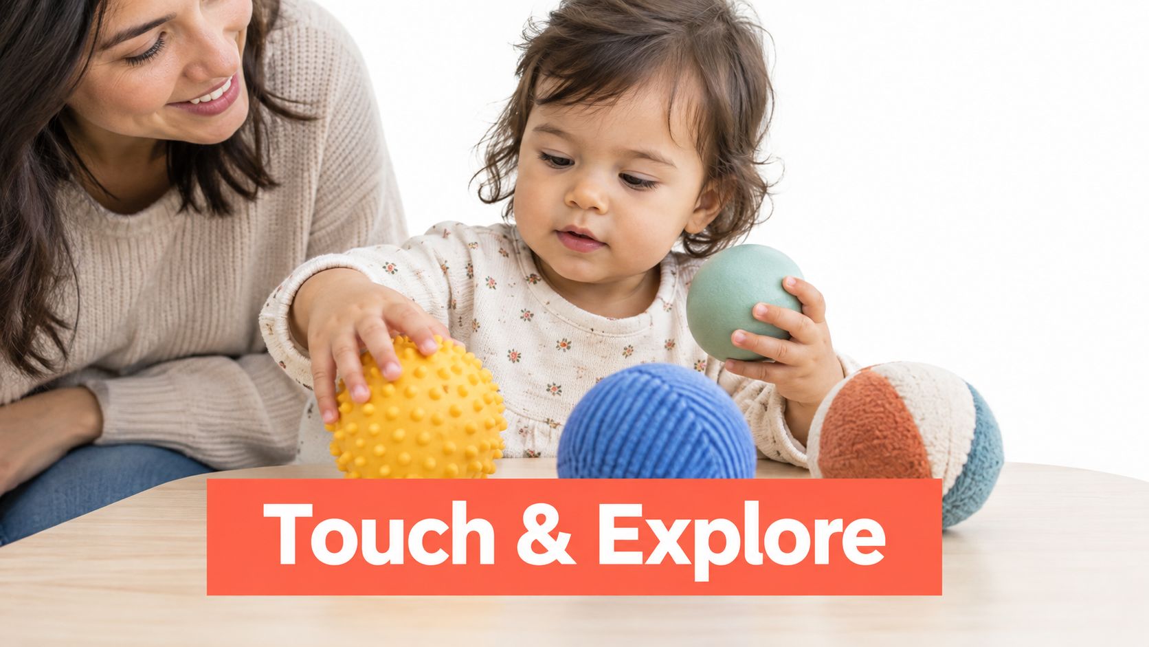 A young toddler sitting at a table with her mother, exploring various textured sensory play balls.