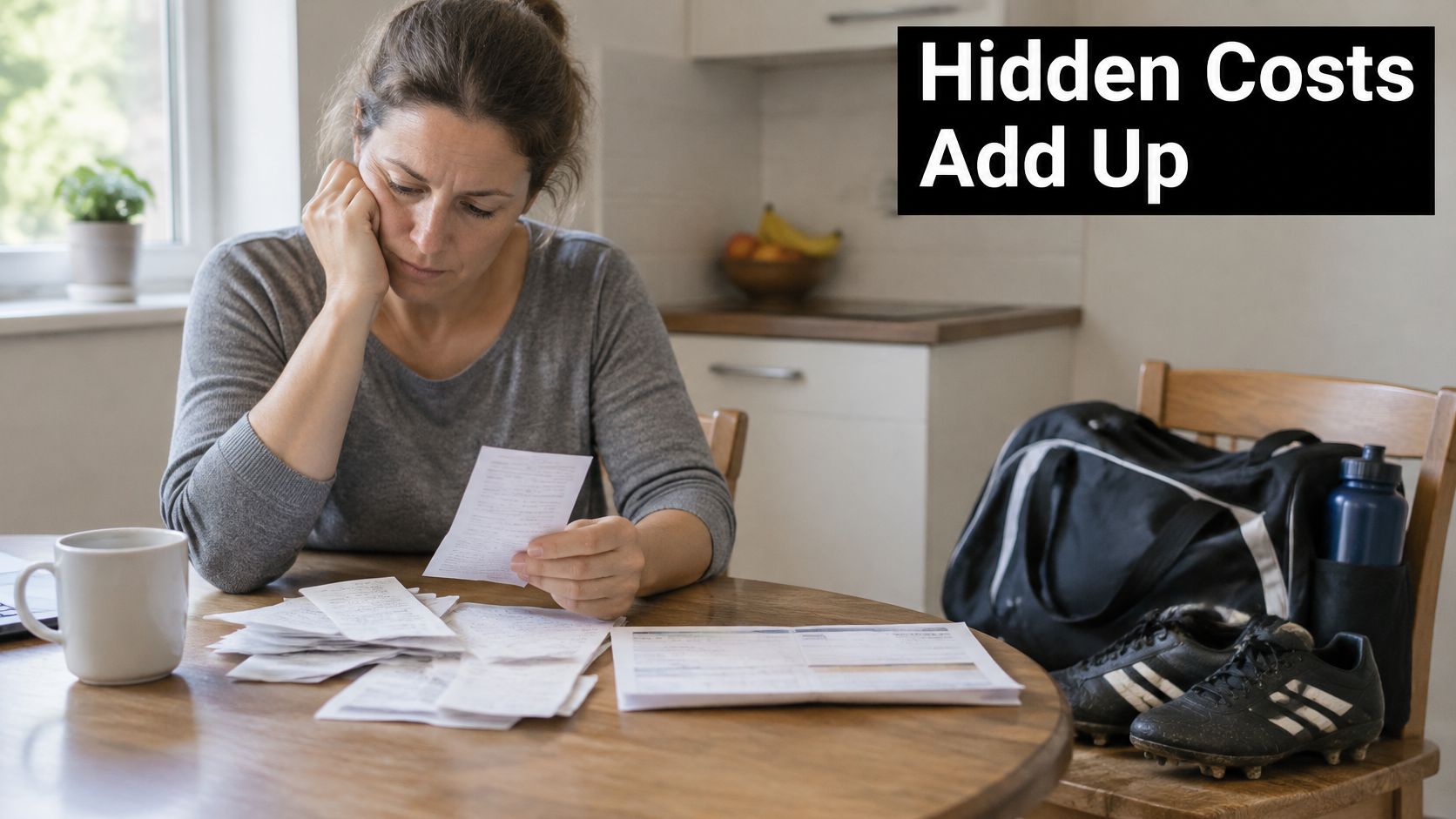 A concerned woman sitting at a table looking over receipts and financial documents at home.