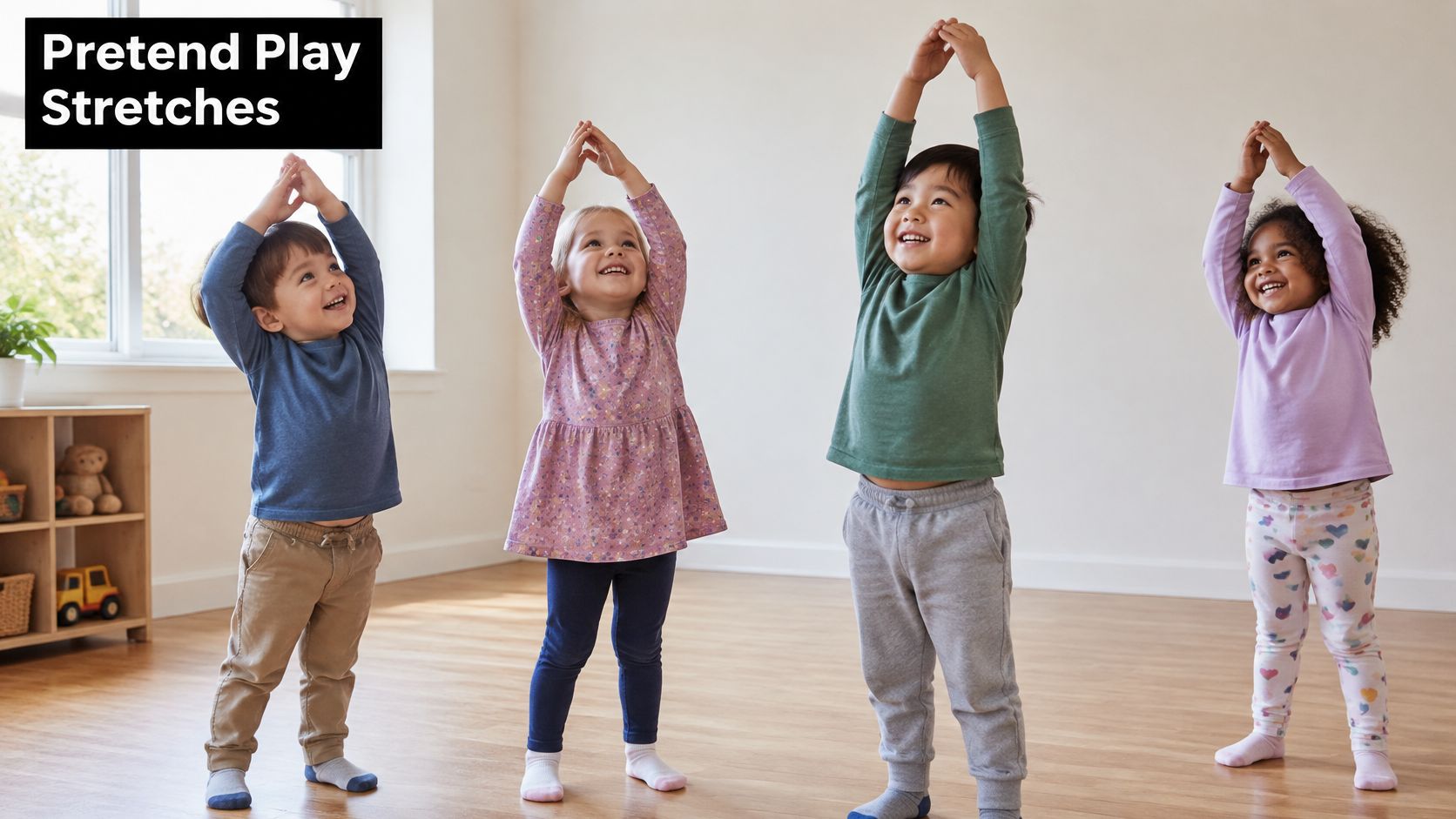 Four happy young children standing in a row and practicing simple overhead stretching exercises together indoors.