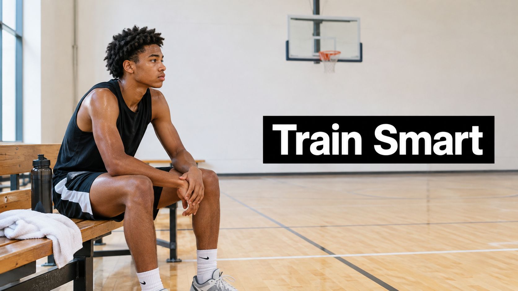 A young basketball player sitting on a wooden bench in a gym resting after training.