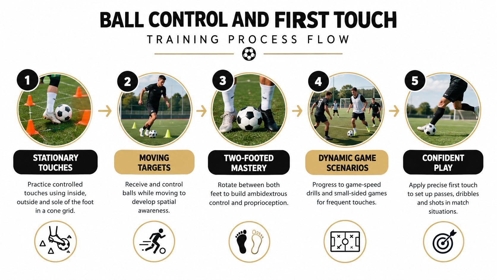 An infographic showing a five-step training process flow to improve soccer ball control and first touch skills.