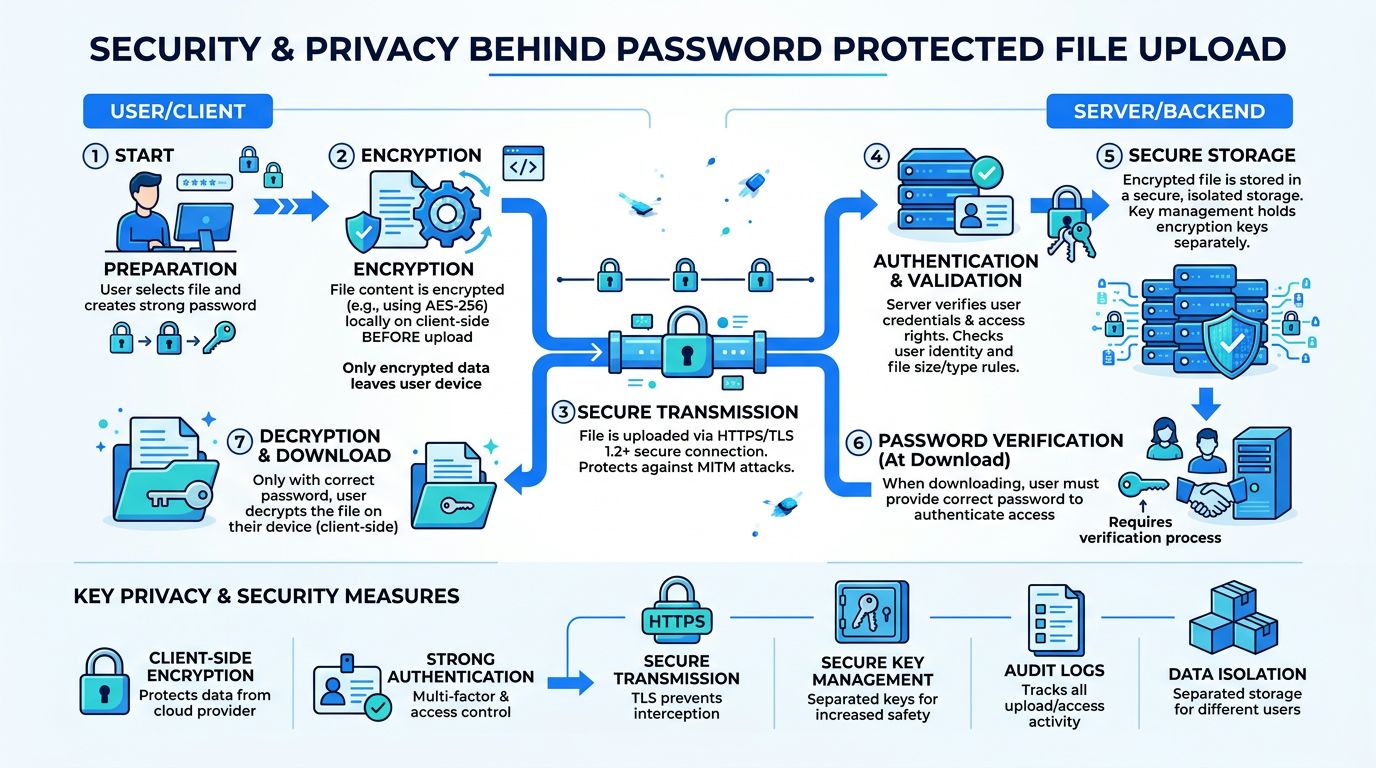 A diagram illustrating the step-by-step security and privacy processes for a password protected file upload workflow.