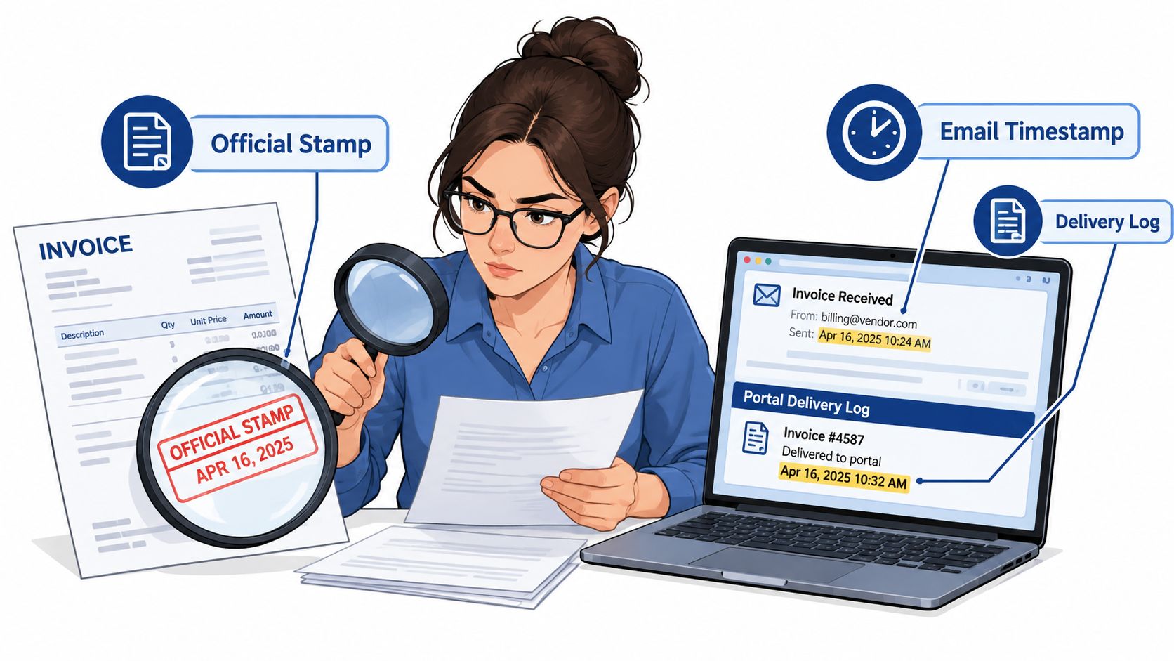 A professional analyzing an invoice with an official date stamp alongside a laptop displaying delivery logs.