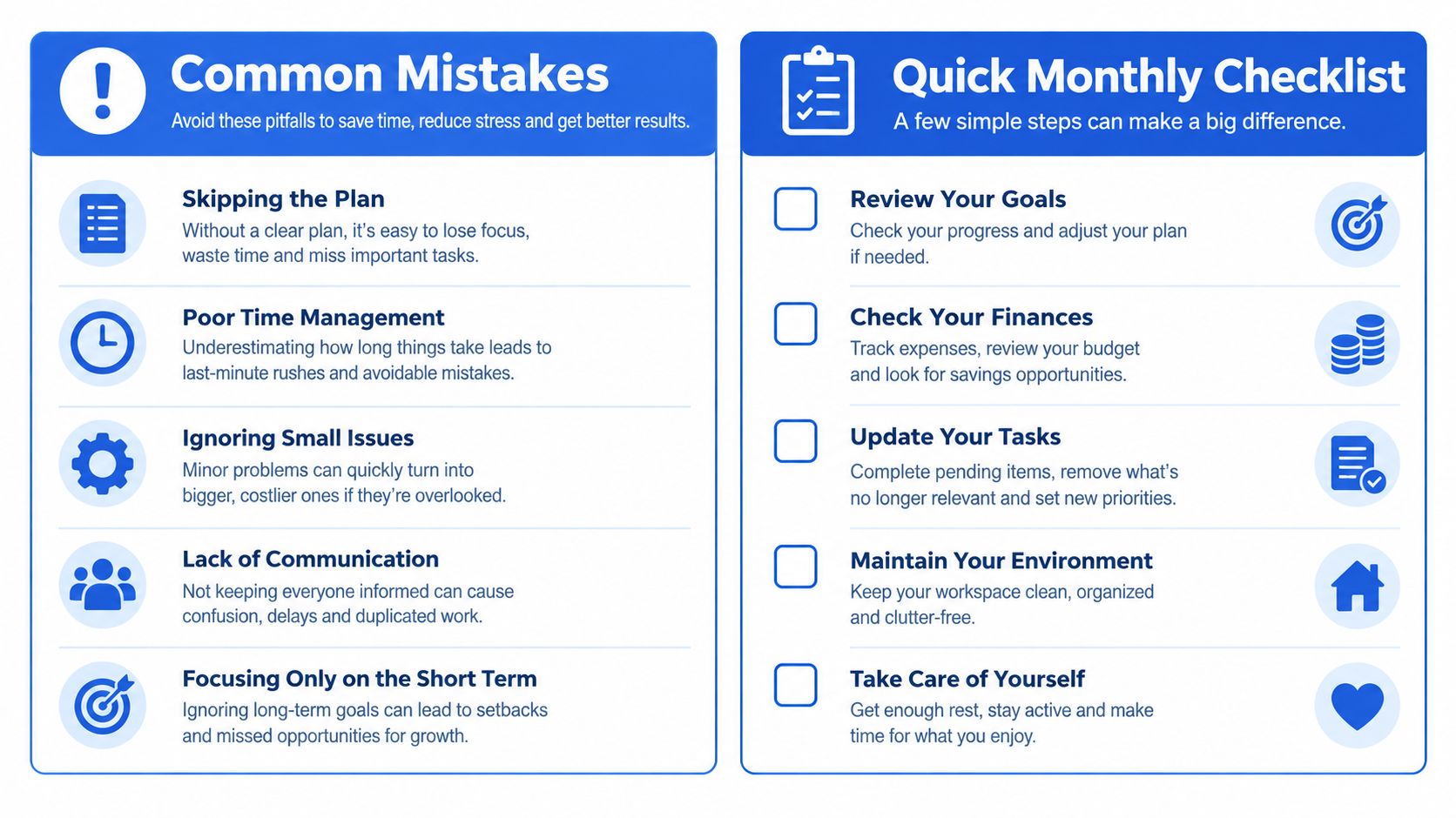 A helpful infographic comparing five common productivity mistakes with a five-step quick monthly checklist for success.