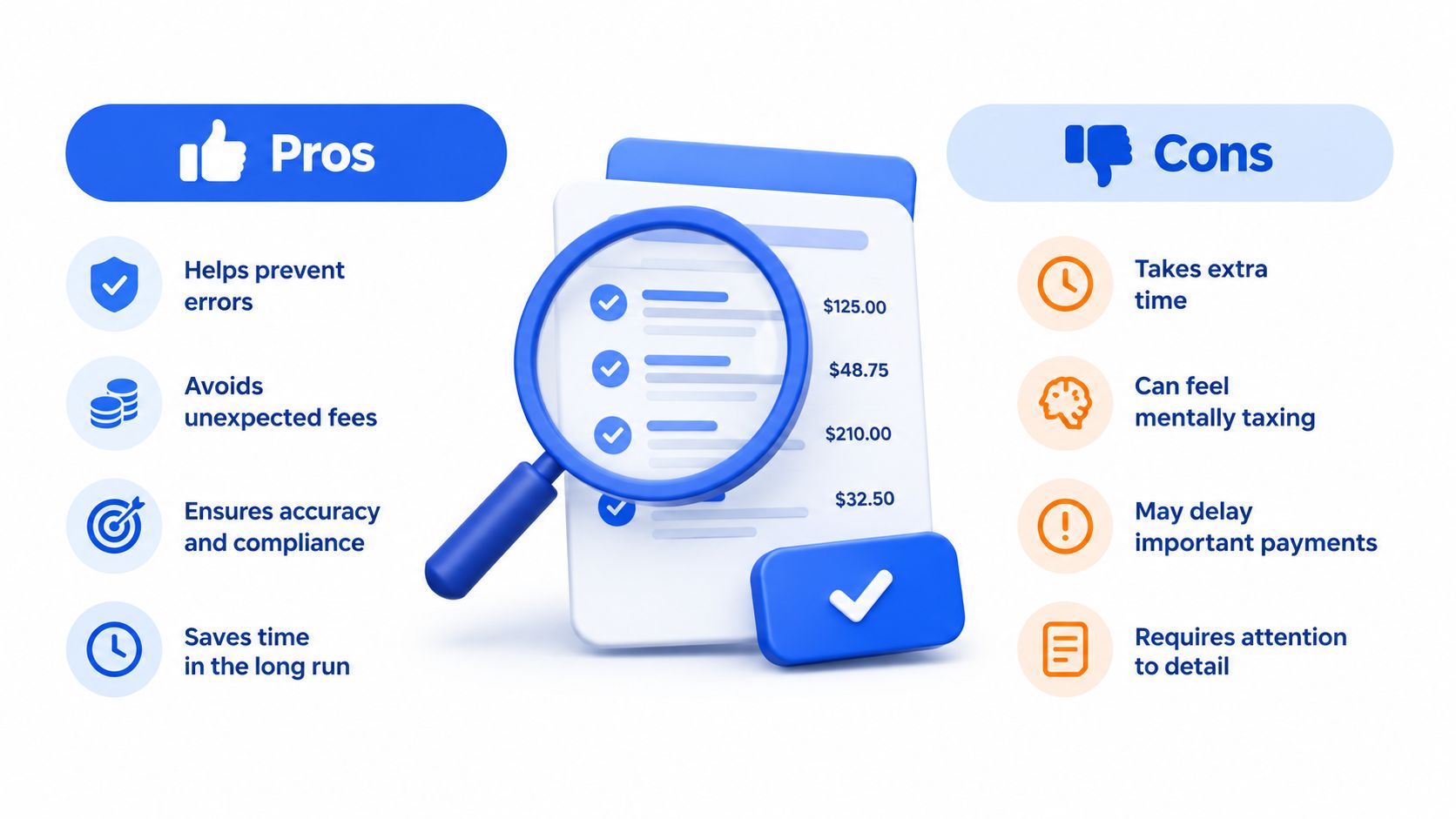 A conceptual illustration showing the pros and cons of manually reviewing bank statements for mortgage applications.