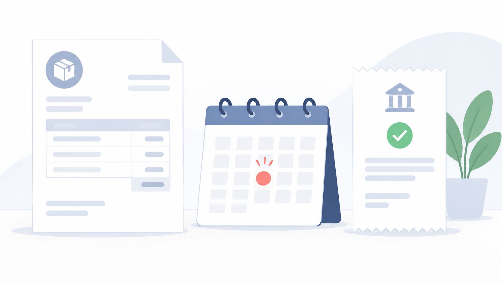 A minimalist illustration featuring a packing invoice, a calendar with a marked date, and a bank receipt.
