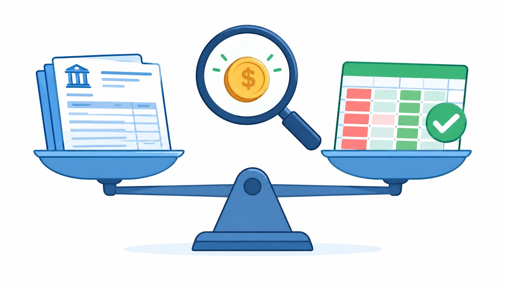 A conceptual illustration of a scale balancing bank statements against a spreadsheet with a green checkmark.