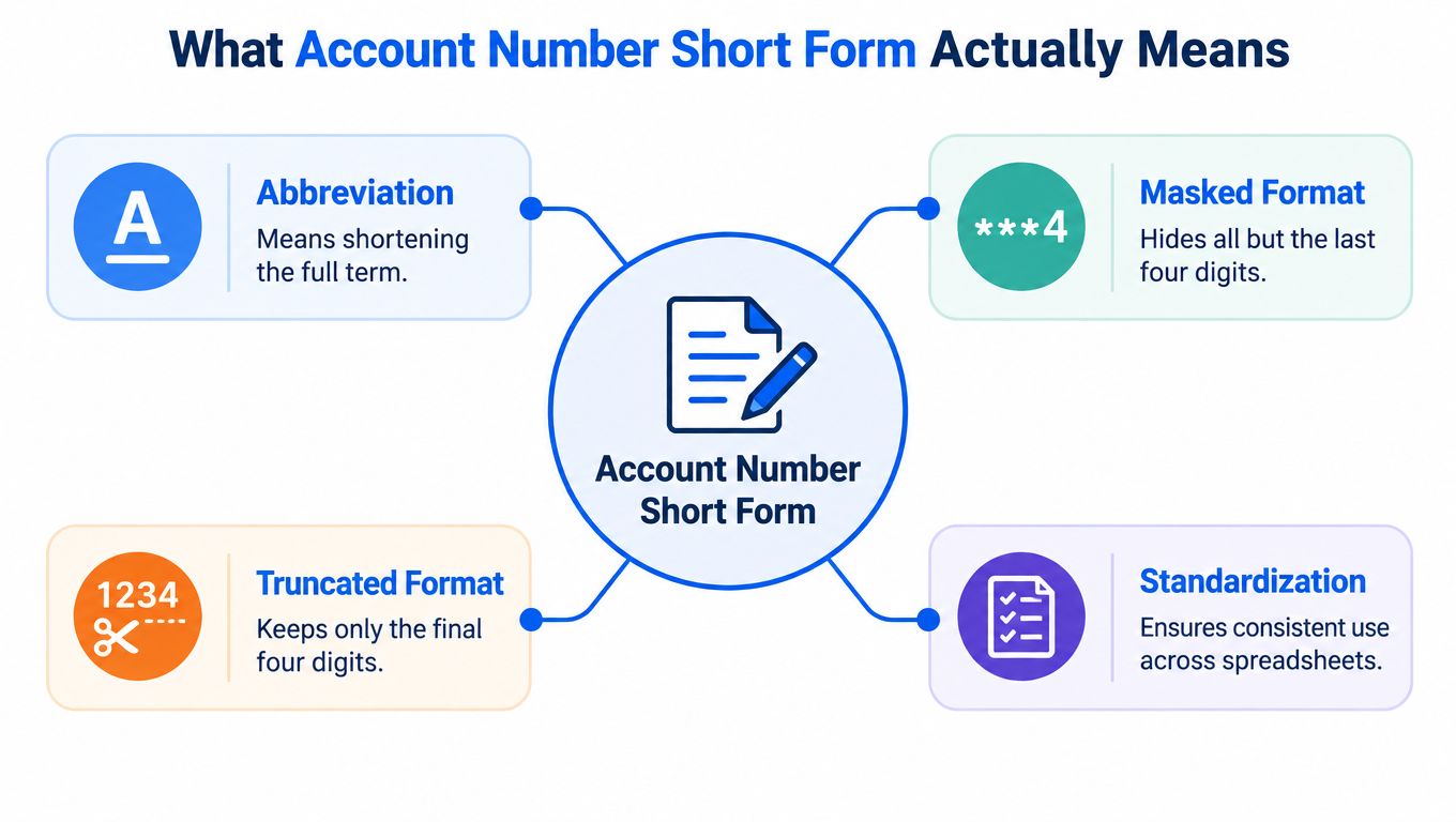 A diagram explaining the different meanings and formats of account number short forms in financial documentation.