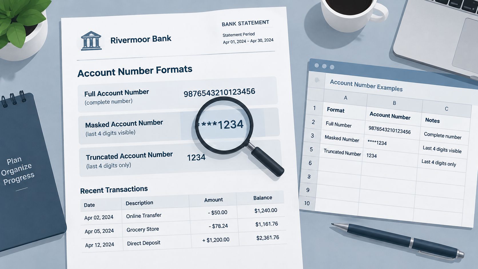 A bank statement from Rivermoor Bank showing account number formatting examples and a list of recent transactions.