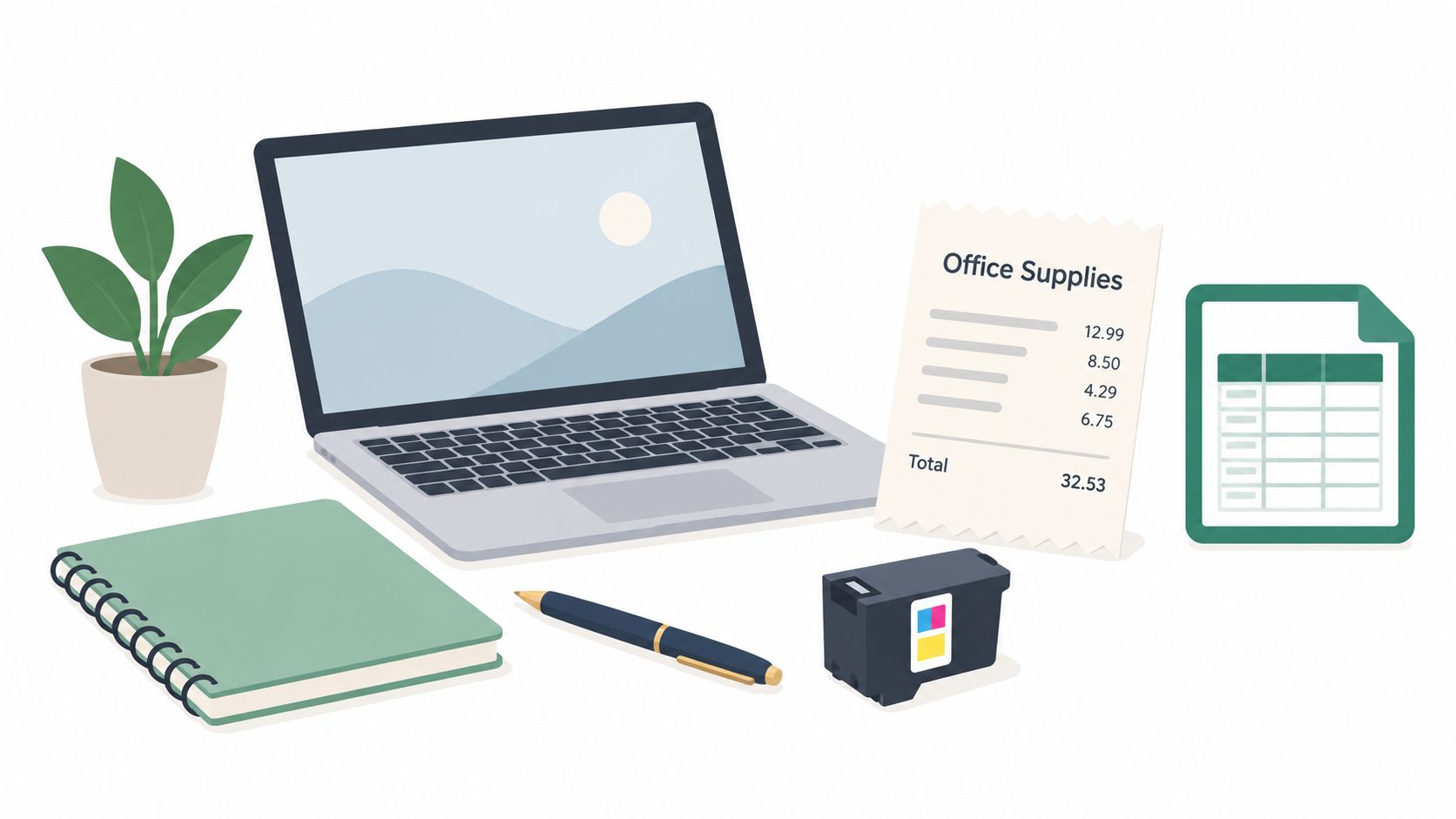 A minimalist flatlay illustration of office supplies including a laptop, a receipt, a pen, and a notepad.