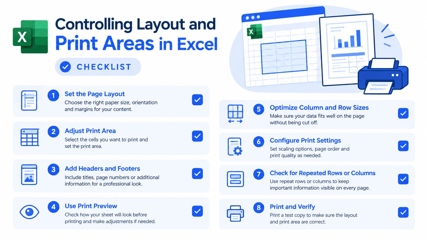 A checklist infographic illustrating eight essential steps for controlling layout and print areas in Microsoft Excel.