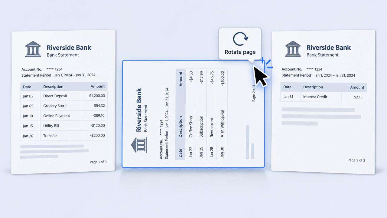 A user interface showing three pages of a bank statement document with an option to rotate a page.