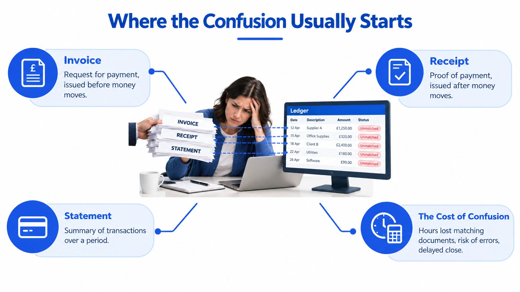 A woman looks stressed at a computer while trying to organize invoices, receipts, and financial statements.